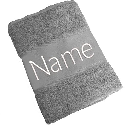 Elefantasie Handtuch Badetuch Badehandtuch aus 100% Baumwolle mit Namen personalisiert Bestickt Grau 50x100cm