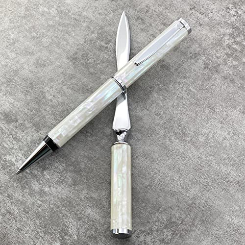LACHIEVA LUX Perlweißer Muschel-Kugelschreiber aus Abalone-Metall mit Brieföffner-Set, Geschenk zum Schreiben, schönes Stift-Set für Männer und Frauen und jeden Urlaub (weiße Muschel)