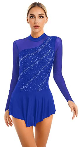 iEFiEL Damen Langarm Ballettkleid Eiskunstlauf Kleid mit Glitzer Kristallen Ballettkleidung Gymnastik Leotard Turnanzug Tanzkostüm Za Royal Blau M