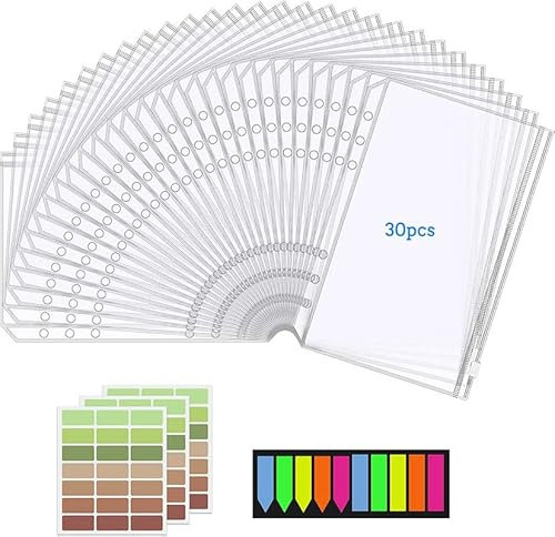 A5 Binder Taschen Set, enthält 30X 6 Löcher Binder Reißverschlus,Wasserdichter Reißverschluss Loseblatt Ordner mit Aufkleber, Budget Umschläge für Dokumente, Notizbücher, Karten, Bargeld, Fotos