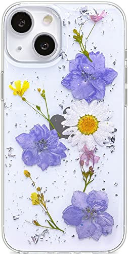 Abbery for iPhone 13 Mobile Phone Case Clear with Purple Daisy Flower Design Cute Sparkle Soft TPU Rubber Dried Real Pressed Floral Aesthetic Women Girl's Protective Mobile Phone Cover