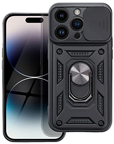 LFstore-IT COVER SLIDE ARMOR compatibile con APPLE IPHONE 14 PRO con ANELLO E PIASTRA METALLO - ARMATURA E SILICONE NERO ARMORED