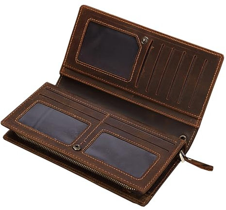 Balidiya Portefeuille long à deux volets en cuir véritable pour homme, fin avec blocage RFID, fermeture éclair, porte-cartes avec poche pour pièces de monnaie, Marron-02, Classique