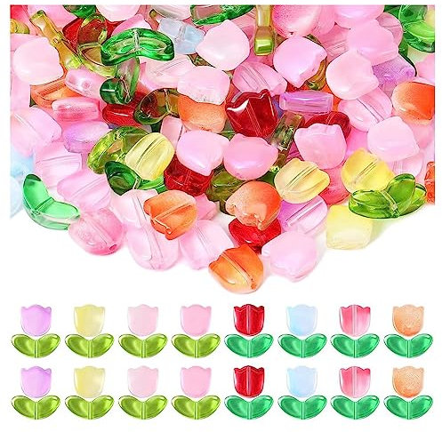 LAXED 320 Pcs Colorful Translucent Tulips Flower Beads Handcrafted Tulips Glass Spacer Bead Crystal Loose Glass Flower Beads Beading Material