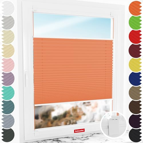 Schuette® Plissee ohne Bohren zum Kleben ● Thermo Kollektion: Peach (Orange) ● 145x100cm (Breite x Höhe) ● Suprafix Klebe- & Schraubhalter 2in1 Set Letsbond ● Bequeme Rollo