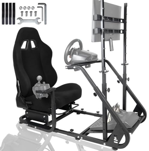 Anman Professional Gaming Simulator Cockpit with Monitor Stand and Black Seat Fit for Logitech G923 G29 G920 Thrustmaster T80 T150 Fanatec Adjustable Driving Mount Not Included Wheel Shifter Pedal