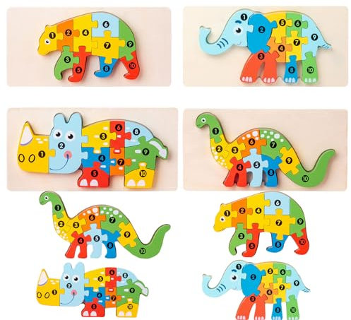 Wooden Puzzles Animals Jigsaws Puzzle Toys for Kids, 4 Pack Shape Number Puzzle Toddler Crafts Gifts Educational Games for Girls Boys Children