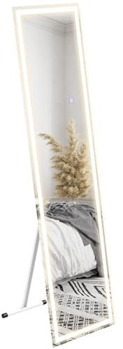 HOMCOM Miroir sur Pied avec LED, Grand Miroir Mural, Miroir rectangulaire Pleine Longueur, à Poser ou Mural, Interrupteur Tactile Fonction de mémoire, 150 x 40 cm, Blanc