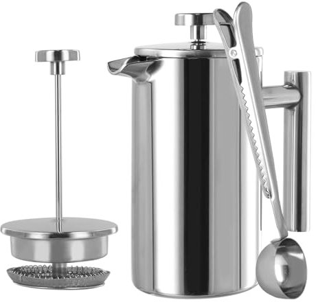 Cafetière à Piston en Acier Inoxydable 350ML, Presse Française à Café, Double Paroi Cafetiere avec Flitres et Cuillère, Portable French Press 2 Tasses