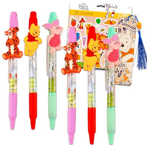 Winnie the Pooh Stifte für Kinder, Schulbedarf-Set mit 6 Winnie Puuh Stiften mit Clip Plus Aufklebern und mehr, Computerzubehör Winnie Puuh für Jungen und Mädchen