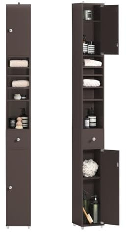 SoBuy Tall Bathroom Cabinet 20cm, Slim Cupboard Bathroom StorageUnit Freestanding, Water-Resistant MDF with Adjustable Shelves, Brown, W20 x D20 x H180cm, BZR34-BR