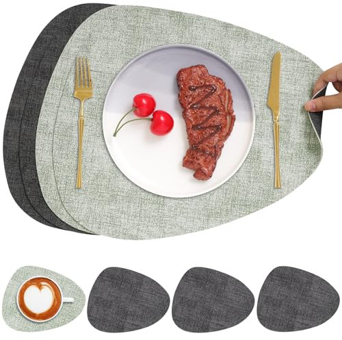 Chitomars Tischsets Kunstleder und Untersetzer, Tischsets Abwaschbar Doppelseitigen rutschfest Platzsets Rund Lederoptik Platzdeckchen Teller Untersetzer (4er Set, Grau Grün)