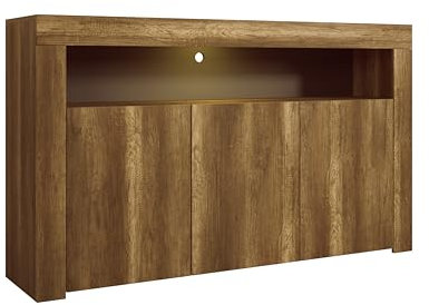 MB Muebles Bonitos, Buffet Aker avec Lumière LED et 3 Portes pour Salon et Salle à Manger, Meuble TV en Mélamine Mate, Couleur Chêne Barok, 155x91,5x37 cm