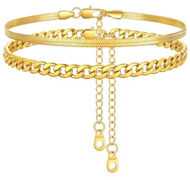 FindChic Bracelets de Cheville pour Femme Chaîne Cheville Serpent Chaîne Cheville Ronde Lot de 2 Pièces Fille Or Acier Inoxydable Longueur 22cm+5cm Réglable Enfant Bijoux Bracelet de Pied