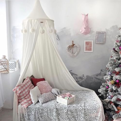 Koomuao Baby Baldachin, Betthimmel Kinderzimmer 240cm Rund Hängende Prinzessin Baumwolle Deko Mückennetz für Schlafzimmer Babyzimmer Dekoration Spielzelte Kinder Geschenk, Ohne Bohren (Weiß)