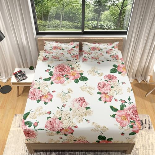Spannbettlaken 140x200cm Rose Spannbetttuch Boxspringbett Weiches Microfaser, Bis 30cm Matratzenhöhe, Elastisches Matratzenschoner für Boxspringbett & Wasserbett