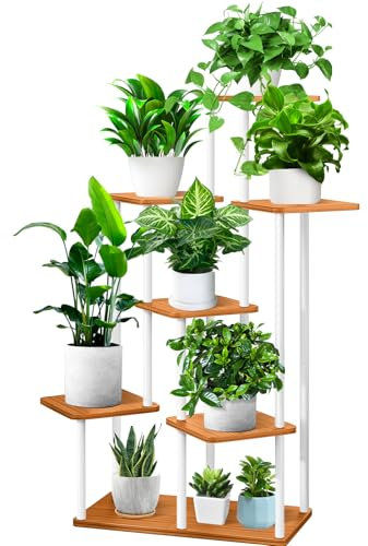 YOCOMEY 7-Tier Hölzern Blumenregal Pflanzenregal, Mehrstöckig Blumenständer Pflanzenständer Blumenbank Blumentreppe Pflanzentreppe Standregal für Innen Garten Balkon Deko(Weiß)