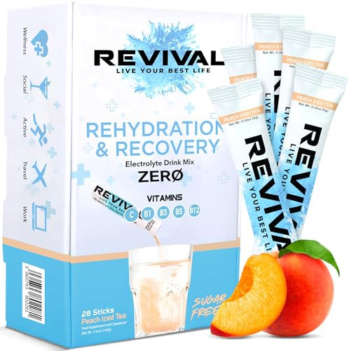 Revival Zero Rehydration Electrolytes Powder - Sugar Free Hydration Sachet Drink with Vitamins C, B1, B3, B5, B12-28 Pack Peach Iced Tea