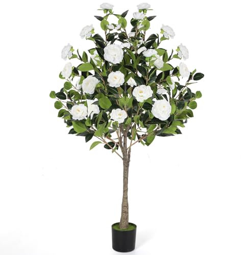 Plante Artificielle avec Rosier Artificiel Fausses Fleurs 120cm Fausse Rosie Plante Interieur et Exterieur Arbre Artificiel en Pot pour Maison Chambre Salon Balcon Cour Jardin Décoration