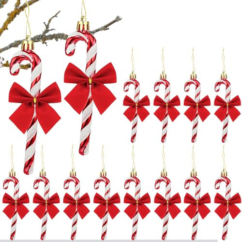 HERZONE Weihnachtsschmuck Zuckerstangen zum Hängen 12pcs Weihnachtsdeko Anhänger Zuckerstange Weihnachtsbaum Anhänger Hängende Weihnachtsdeko (rot zuckerstangen mit Schleifen)