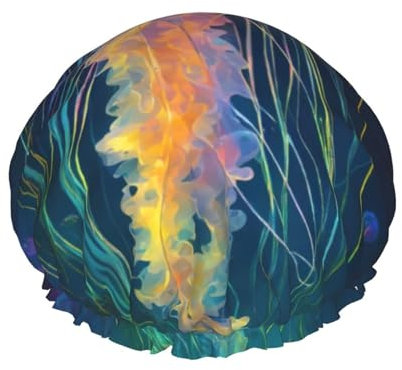 Jellyfish ocean Print Reusable Double Layers Shower Cap, Bathing Shower Caps Women Large Shower Caps