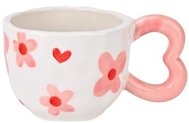 Koythin Ceramic Coffee Mug, Cute Creative Heart Handle Mug Design for Home and Office, Dishwasher and Microwave Safe, 10.5 oz/300 ml for Tea Latte Milk (Pink Flower)