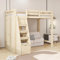 HAINEW Hochbett Kinderbett 90 × 200cm mit Treppe und Schubladen, Holzbett Funktionsbett mit Kleiderschrank, Einzelbett Etagenbett mit Lattenrost und Rausfallschutz, Ohne Matratze, Natur