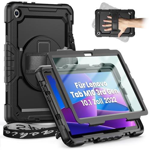 timecity Hülle für Lenovo Tab M10 3rd Gen 10,1 Zoll 2022(TB-328),360° drehbare Handschlaufe für den Einsatz in verschiedenen Winkeln Schultergurt, Stifthalter Hülle für Lenovo M10 3rd 10.1 Schwarz