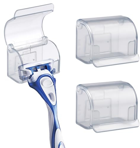 2 Stück Rasierer Halterung Dusche (5x3,5cm), Selbstklebend an der Wand Montiert Rasierer Halter Haken, Staub- Und Wasserdicht Razor Holder mit Abdeckung, Rasierhalter für Bad, Dusche, Eitelkeit