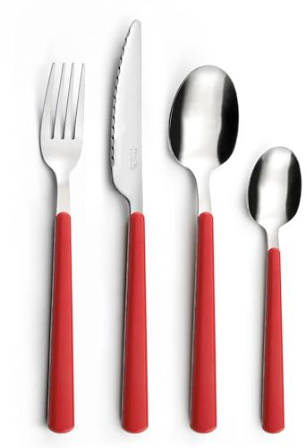 Pradel Essentiel Tonic Service 24 couverts Inox Pour 6 personnes, Rouge | Ménagère 24 couverts pour 6 personnes, Acier inox 18/0, Finition standard, Rouge, Épaisseur 1.5 mm, Lave-vaisselle