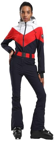 GSOU SNOW Womens Ski Suit One Piece Jumpsuit Snow Suit for Snow Sports | 15K Waterproof,10K Breathable,Windproof Insulation,Slim Fit,Removable Hat,Detachable Elastic Waist Belt,Powder Gaiters