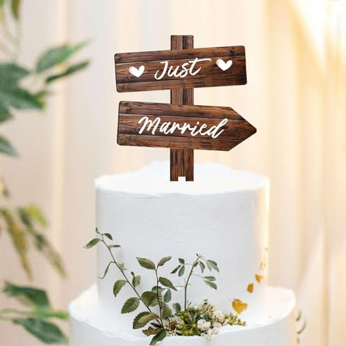 Rustic Just Married Cake Topper in Wood, Wooden Wedding Cake Decoration for Mr & Mrs Bridal Shower Engagement Wedding Bachelorette Party Decorations