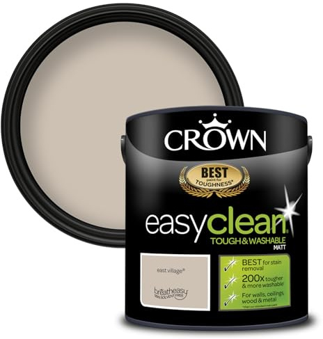 Crown EASYCLEAN Mocha Cream Matt Emulsion Wall Paint - Washable 2.5L | Stain resistant East Village 200x tougher. Wipeable on walls, ceilings, wood & metal. Ideal for hall & kids' rooms. Low VOC