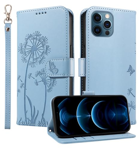 Trugox Wallet Case for Apple iPhone 12 / iPhone 12 Pro Phone Case Leather Dandelion with Credit Card Holder Purse Kickstand Folio Book Folding Flip Case Cover Women Shockproof - Azure