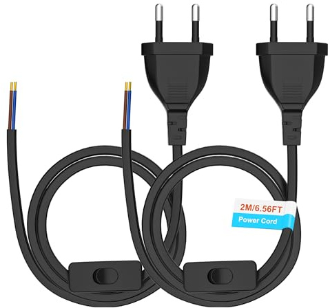 MKSENSE 2 Stück Euro Stromkabel mit Schalter, Lampenkabel mit Schalter 2M, Kabel mit Schalter, Euro Stecker Verlängerungskabel, für Lampen, Leuchten, Zuhause (250V, Schwarz)