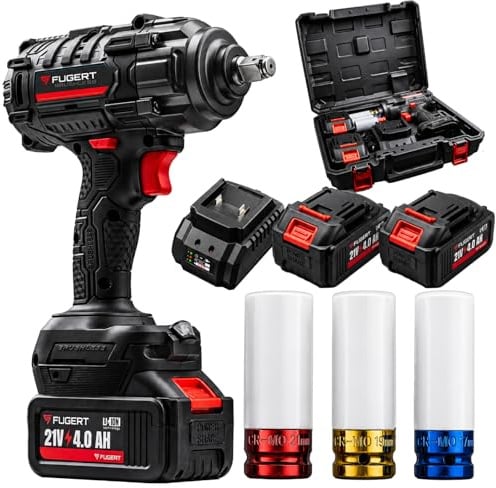 FUGERT Akku Schlagschrauber 1/2 Zoll 850Nm Bürstenloser Motor 2x 4.0Ah 21V | 3 Leistungsstufen und RSS-Modus Cr-Mo-Schlagstecknüsse 17/19/21 mm LED und Koffer für Reifenwechsel