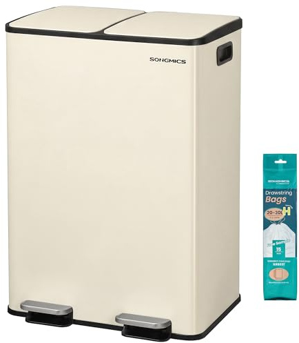 SONGMICS Poubelle de Cuisine, 2 x 30 L, 2 Compartiments, Poubelle à Pédale, Couvercle à Fermeture Douce, avec Seaux Intérieurs, Acier, 15 Sacs Poubelle Inclus, Couleur Crème LTB741AZ02