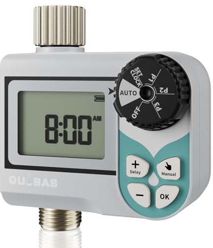 QUOBAS Niederdruck-Wasser-Timer, Wochensprinkler-Timer für Gartenschlauch | Programmierbarer Schlauch-Timer mit Messing-Einlass und Ausgang, Nulldruck-Wasser-Timer für Regentonne