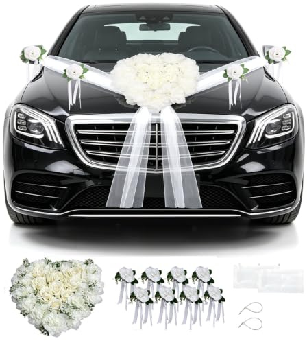 Autoschmuck Hochzeit Motorhaub, Herzförmige Autoschmuck Hochzeit Blumen | Weiß Auto Motorhaube Hochzeitsschmuck Set, 2x180cm Seidenblumen Girlande Weiß & 4 Türblüten, 1 Herzen Girlande