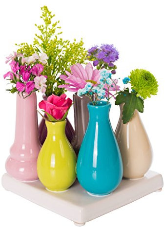 Jinfa Handgefertigte kleine Keramik Deko Blumenvasen Set aus 7 Vasen in bunt