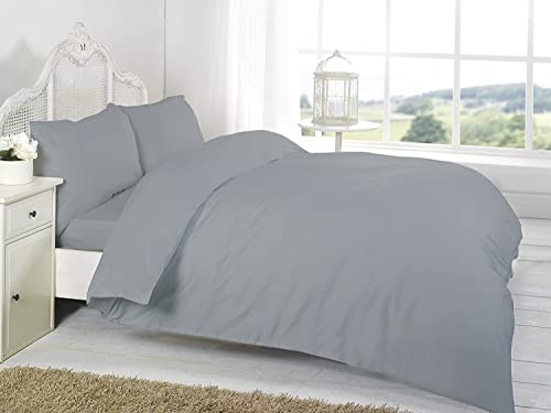R&Z Plain Dyed Percale Polycotton Duvet Cover & 2 Pillow Cases Bed Set (Grey/Silver, Double)