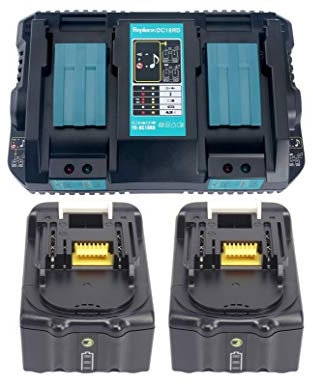 2 Stück 18V 5Ah BL1850 Akku & Ladegerät DC18RD 2-Fach Dual Schnellladegerät für Makita BL1830 BL1840 BL1850 BL1860 196933-6, Radio DMR100, DMR101, DMR102, DMR103B, DMR104, DMR105, DMR108
