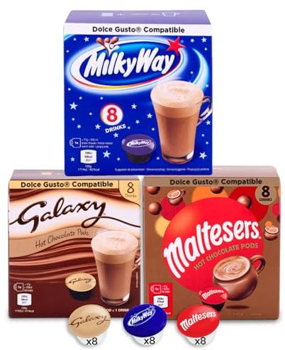 Galaxy, Milky Way & Maltesers Hot Chocolate - 8 Pods of Each Flavour - 24 Drinks - Dolce Gusto Compatible Pods (Galaxy, Malteser, Milkyway)