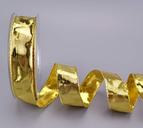 finemark 20 m x 25 mm Dekoband Glossy Gold Glanzband metallic Schleifenband mit Draht glänzend Geschenkband Weihnachten Drahtkantenband