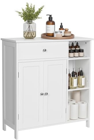 VASAGLE Floor Storage Cabinet with Drawer, Freestanding Cabinet with Doors, 3 Open Compartments, Adjustable Shelves, 11.8 x 29.5 x 31.5 Inches, for Bathroom, Living Room, Cloud White UBBC142W01
