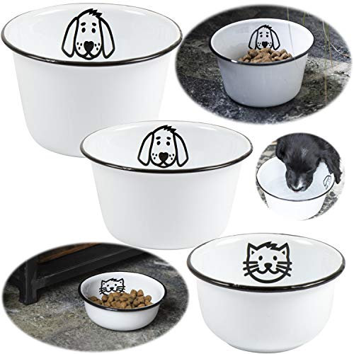 LS-LebenStil Vintage Hundenapf Fressnapf Emaille Weiß 17x8cm Retro Napf für Hunde mt Motiv Wassernapf Futterstation Futterbar Reisenapf mittel