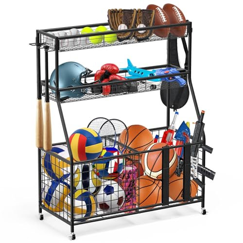 Uboway Garage Sports Equipment Storage Organizer with Baskets and Wheels, Toy Storage Organizer, Ball Storage Rack for Basketball, Tennis, Volleyball, Football and More