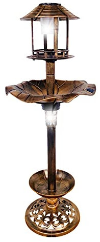BTEXPERT BB5171 Solar Garten Vogeltränke Vintage beleuchteter Sockel Brunnen Blume Vogeltränke Pflanzgefäß Akzente Hofstatue Futterspender dekorativer Käfig befüllbarer Ständer Polyresin Bronze 1