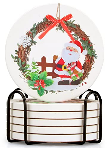 6 Pcs Ceramic Christmas Coasters with Holder - Best Absorbent Round Santa Drink Coasters for Xmas & Holiday - Vintage Table Set