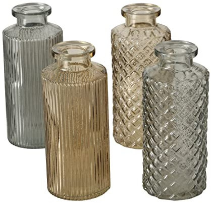 Vasen Deko 4er Set 4 Stück aus Glas in Flaschenform mit der Farbe Beige Grau